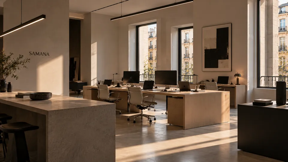 The studio: a long stone counter, rows of desks and tall windows onto the street, in late-afternoon sun