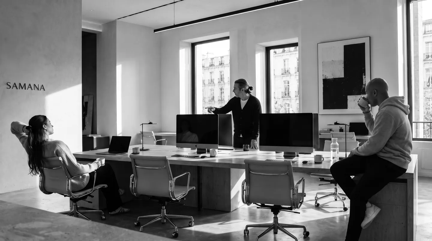 The team at work in the studio: one leaning back in a chair, one at a monitor, one perched on a desk with a coffee