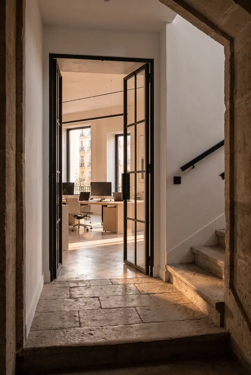 The studio's entrance: a stone step and an open glass door onto the bright room beyond