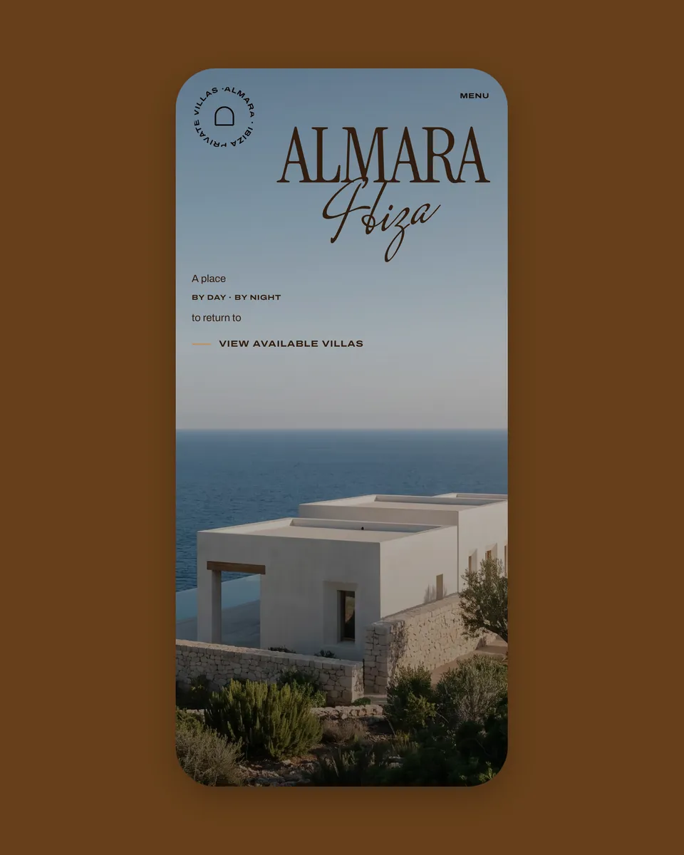 Almara's home page on a phone: the name, the sea and the villas