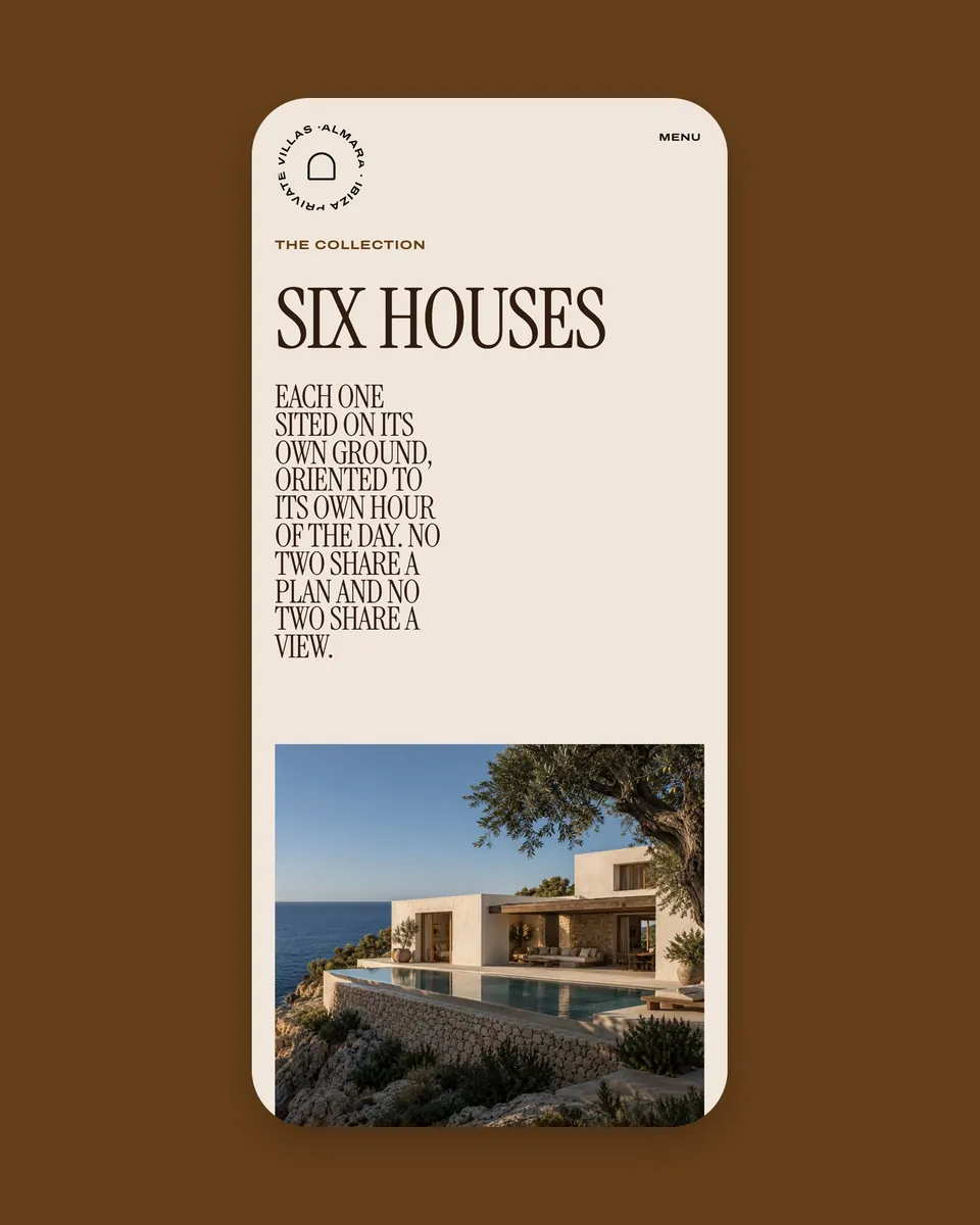 Almara's collection on a phone: “Six houses”, and a villa by the sea