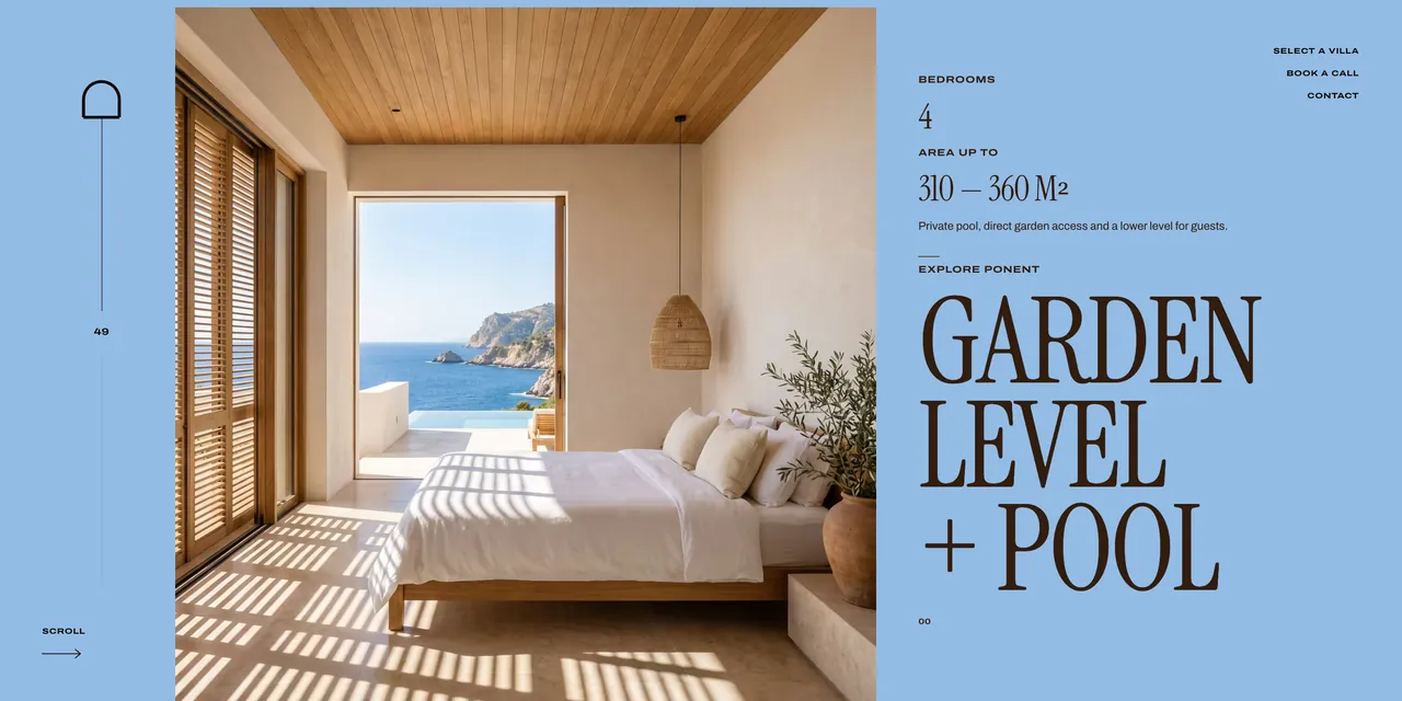 Almara's villa block: a bedroom open to the sea; four bedrooms, 310 to 360 m², garden level and pool