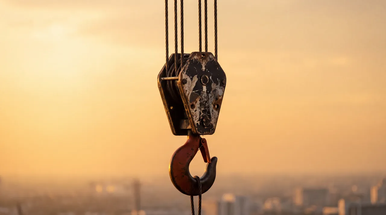 A crane's hook block hanging from its ropes in golden haze