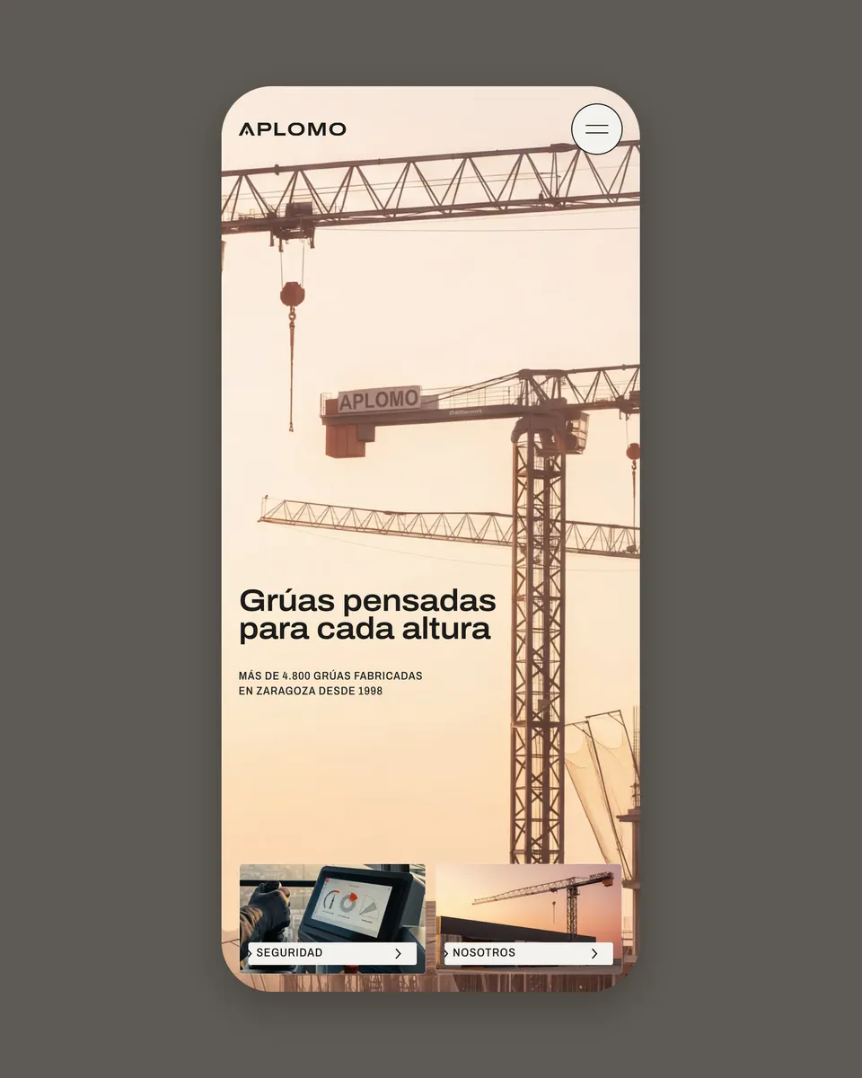 APLOMO's range on a phone: “Grúas pensadas para cada altura” under three tower cranes
