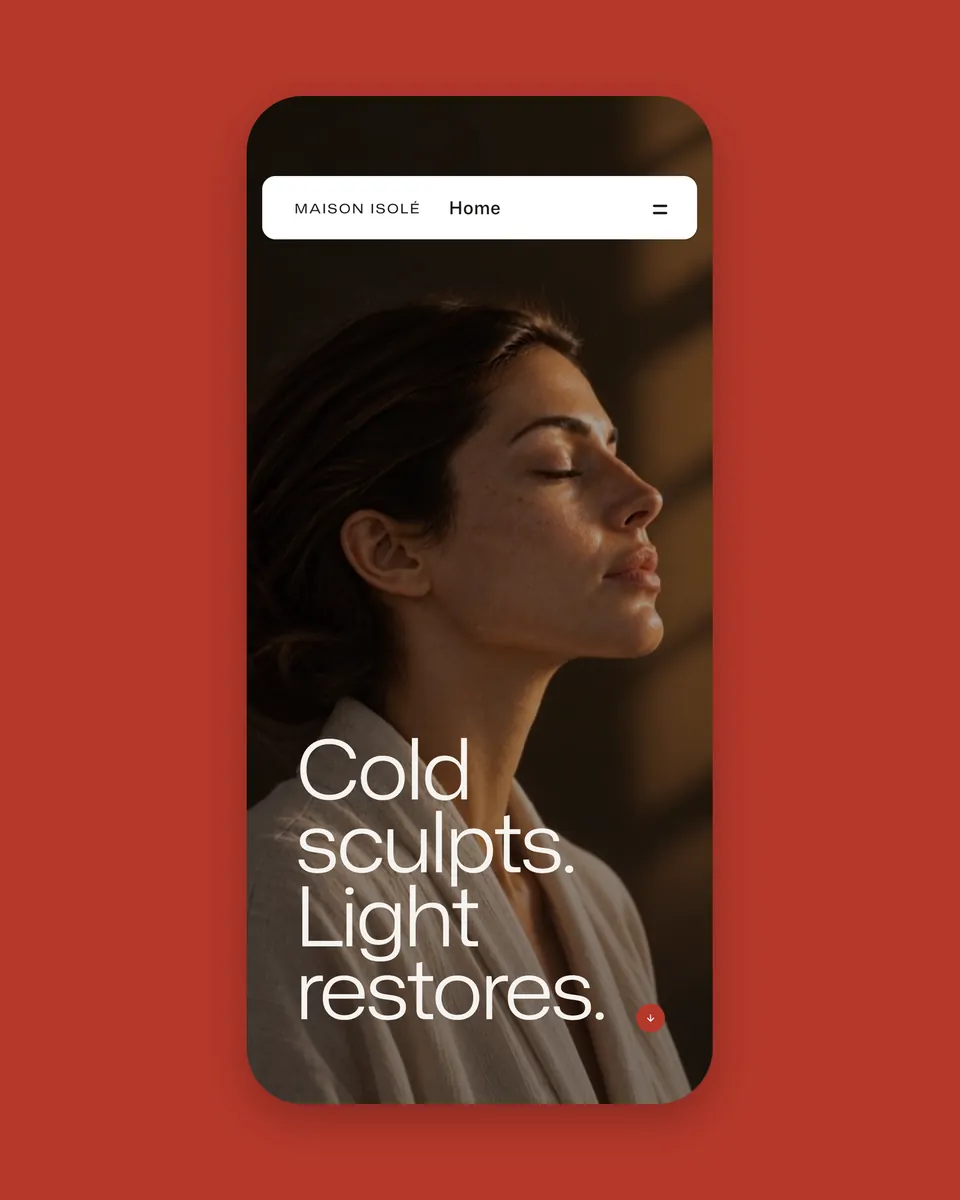 Maison Isolé's home page on a phone: “Cold sculpts. Light restores.”