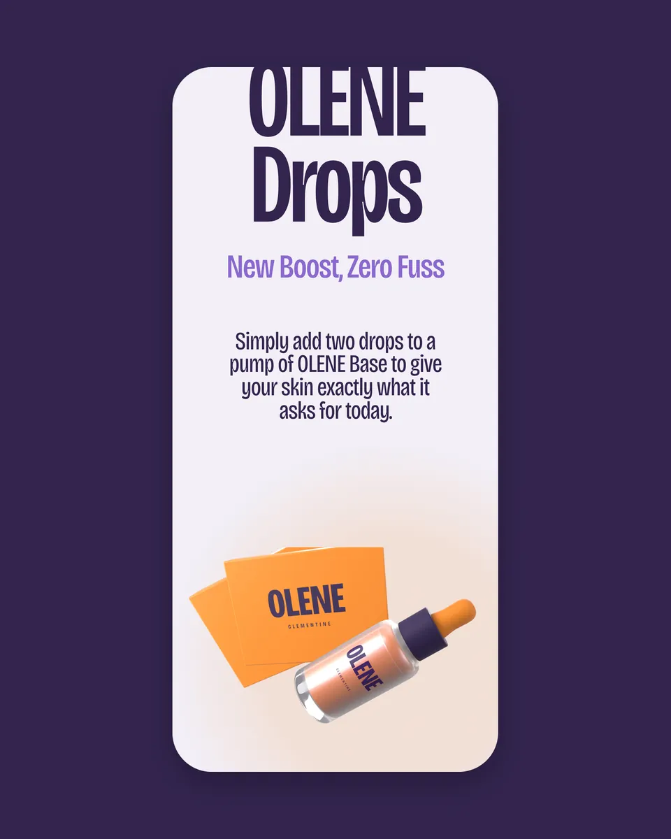 OLENE's Drops on a phone: “New Boost, Zero Fuss” above an orange Clementine Drop and its box