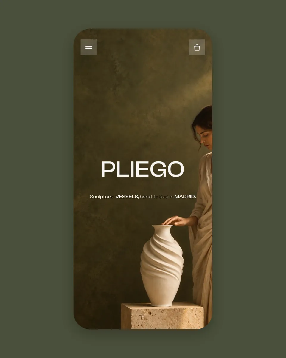 Pliego's home page on a phone: the name, the folded vessel and the woman beside it