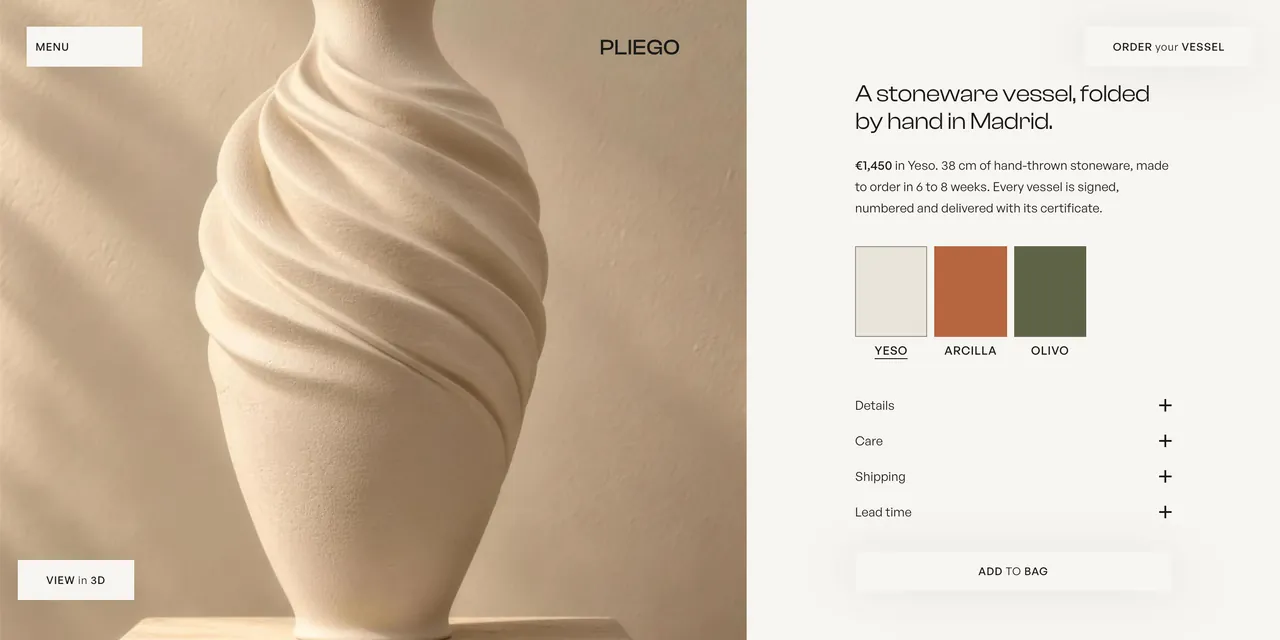Pliego's shop: the vessel's photo, its three finishes, its price and Add to bag